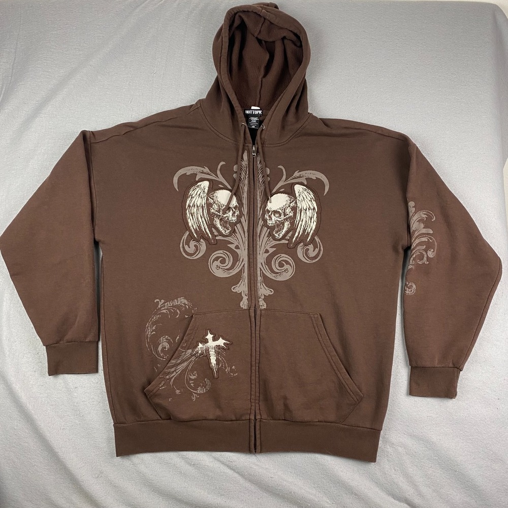 Hot Topic mens Hoodie Large Y2k Goth Rock Skull Brown Sweatshirt full zip